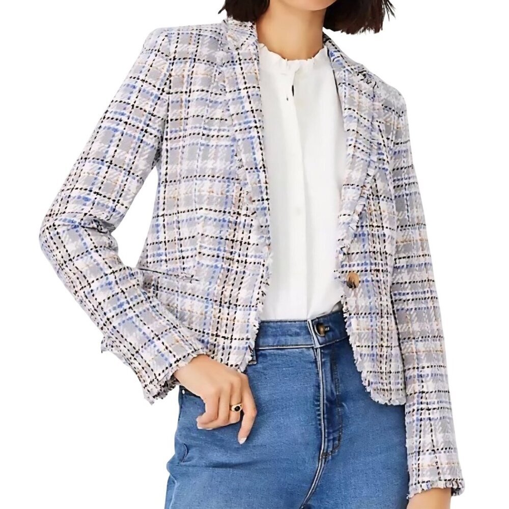 Ann Taylor Newbury Blazer Plaid Tweed Soft Dove Blue Gray Raw Hem Collar Size 14